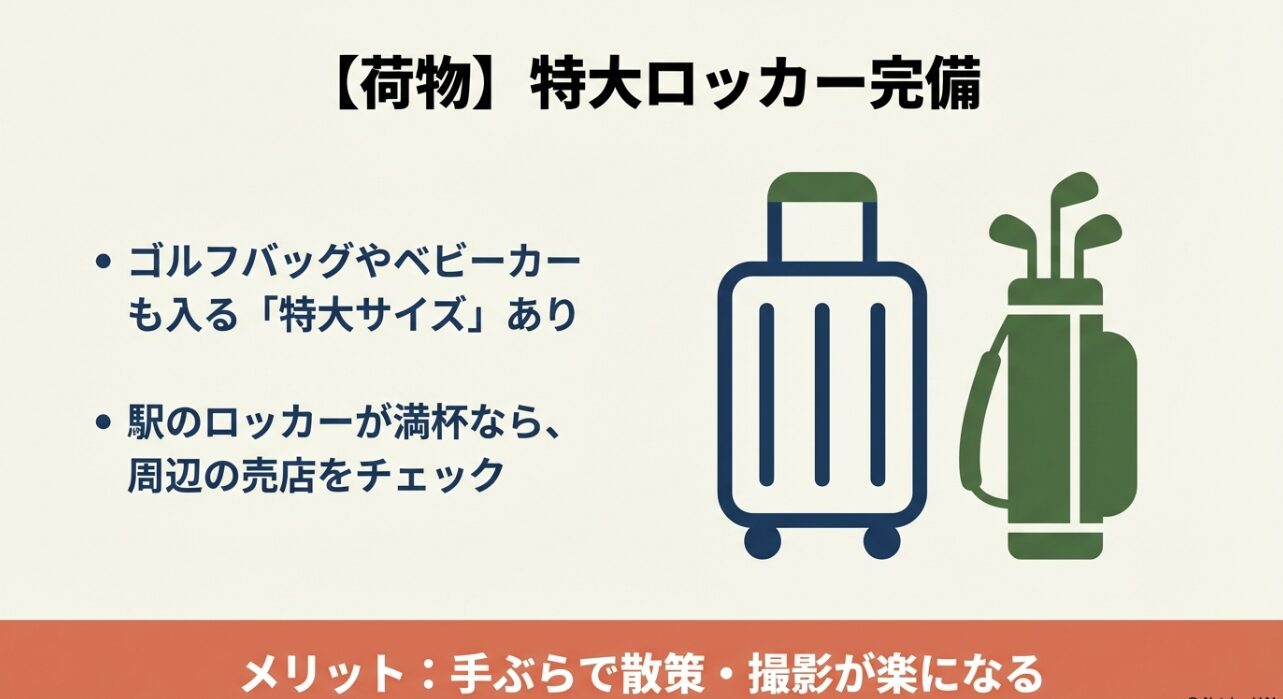 ゴルフバッグやベビーカーも入る「特大サイズ」のコインロッカーがあることを紹介するイラスト付きスライド。