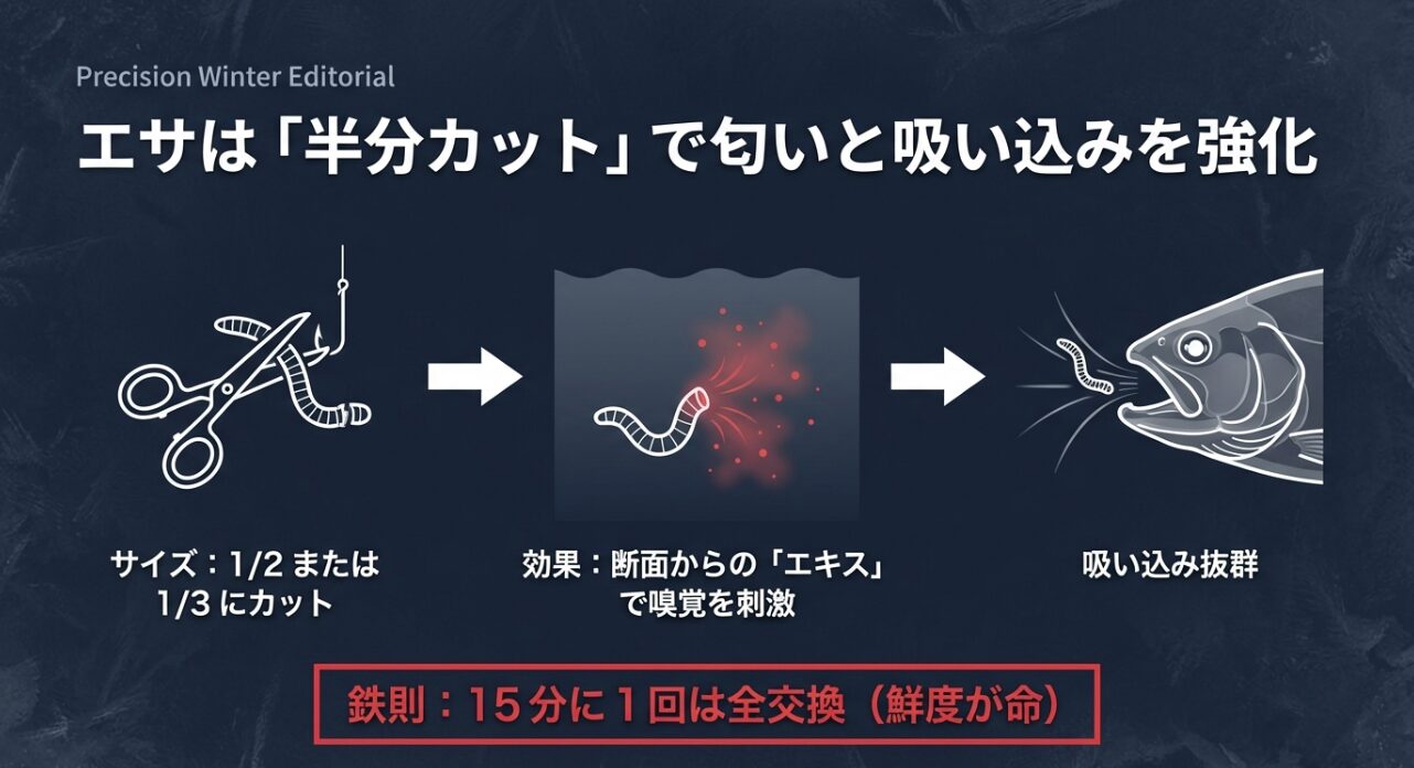 サシ虫を半分または13にカットし、エキスで嗅覚を刺激する方法を示す解説図