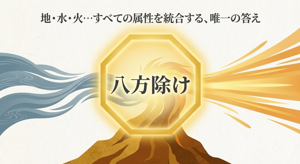 地・水・火のすべての属性を一つに統合する、唯一の答えとしての八方除けを示す画像