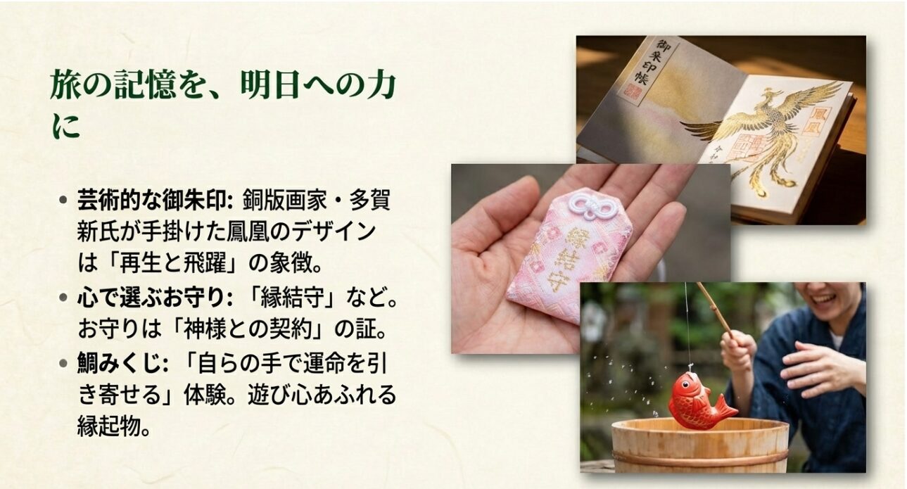 多賀新氏デザインの鳳凰の御朱印帳、縁結守、そして自ら運命を引き寄せる体験としての「鯛みくじ」の紹介