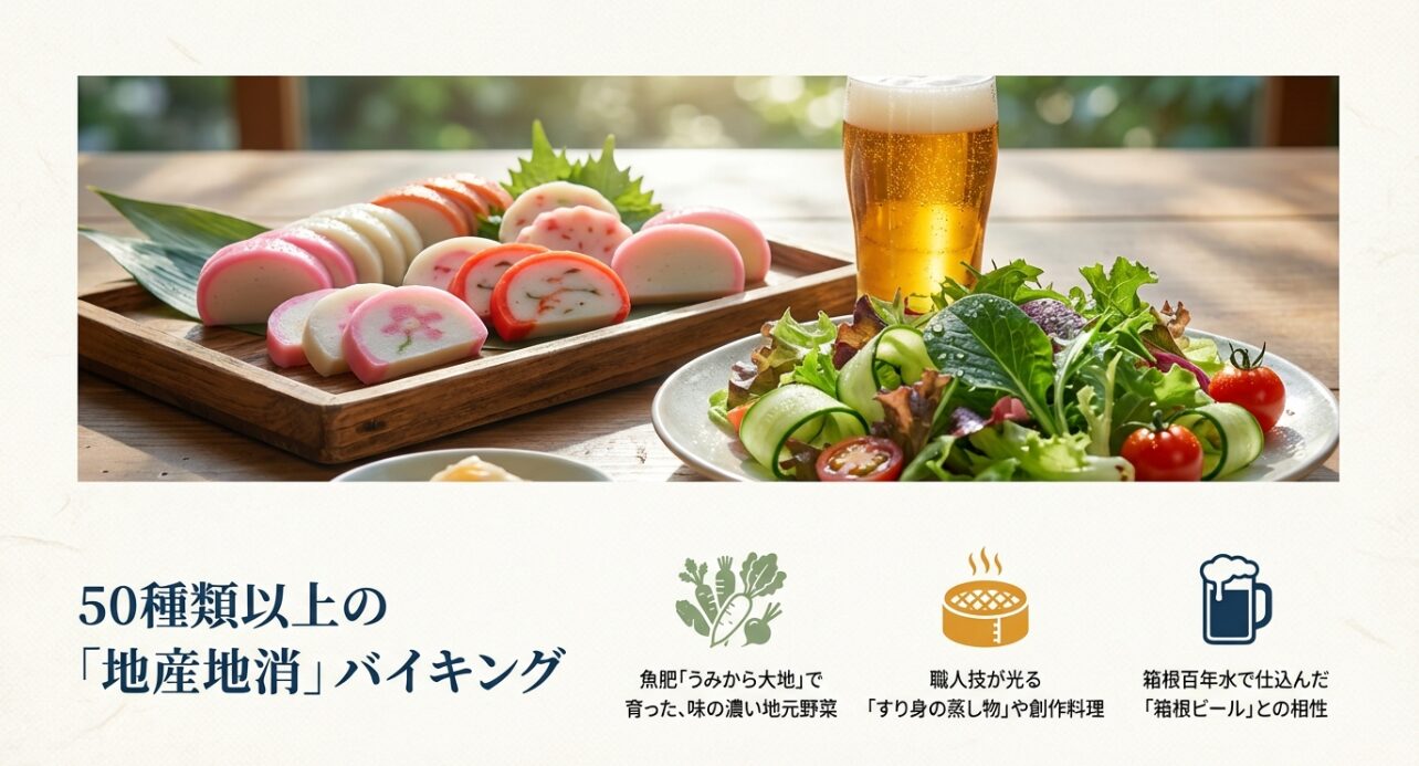50種類以上のメニュー、地産地消野菜、箱根ビールなど、レストラン「えれんなごっそ」の魅力を紹介するスライド。