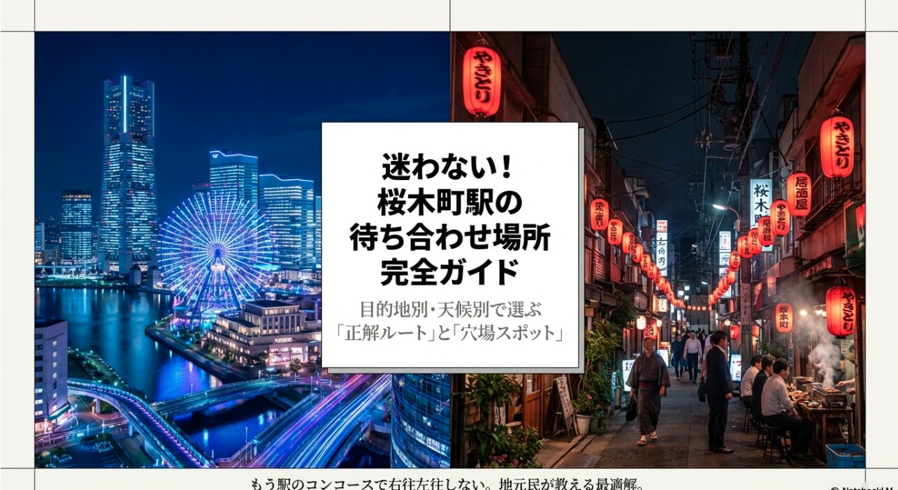 桜木町駅の夜景と野毛の提灯を背景にした、目的地別・天候別で選ぶ待ち合わせ場所完全ガイドのスライド