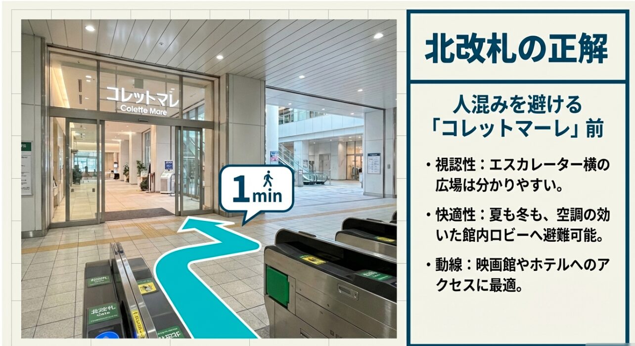 北改札から徒歩1分、コレットマーレ入口前の広場とエスカレーター横の視認性が高い待ち合わせスポット
