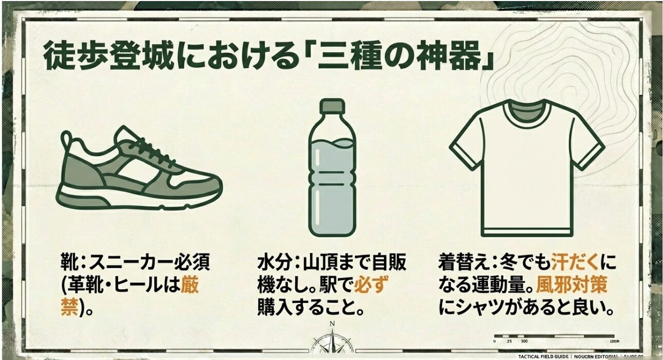スニーカー、事前の水分購入、冬でも汗をかくための着替えのシャツなど、徒歩登城に必要なアイテム解説