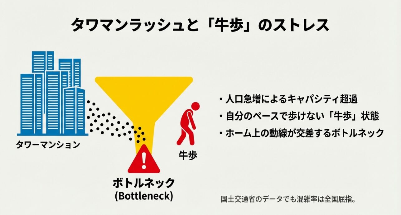 タワーマンションの増加による人口急増でキャパシティを超え、自分のペースで歩けない「牛歩」状態やボトルネックが発生している様子を示す図解。