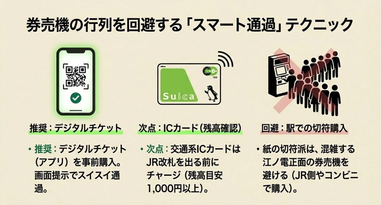 デジタルチケットの事前購入や、改札外に出る前のICカードチャージで券売機の行列を避けるテクニック