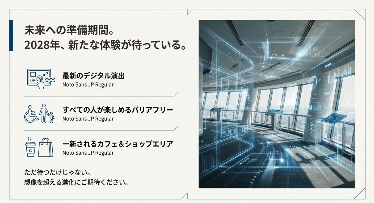 デジタル演出の導入、バリアフリー強化、カフェ＆ショップエリアの一新など、2028年の再開に向けた進化ポイントをまとめた近未来的なイメージスライド。