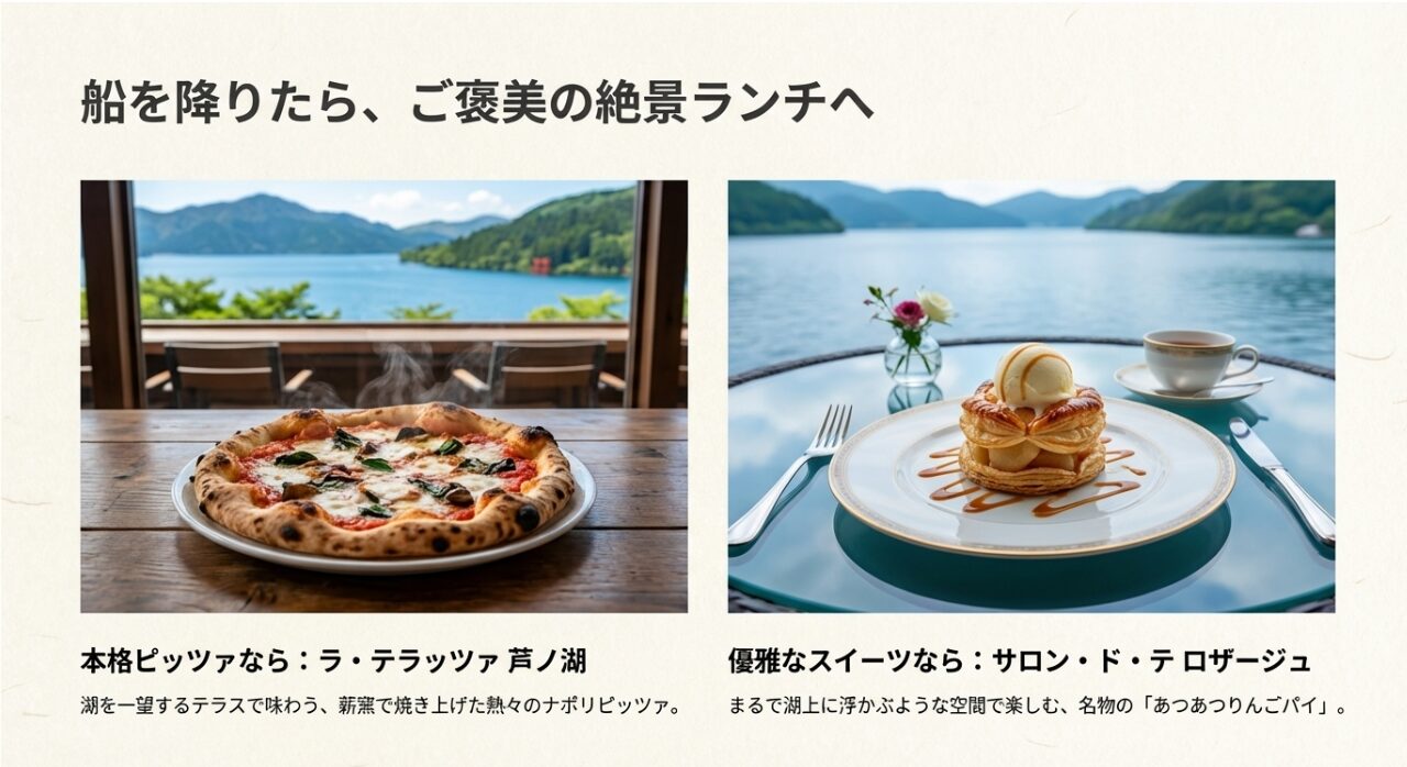 ラ・テラッツァ芦ノ湖のナポリピッツァと、サロン・ド・テ・ロザージュのあつあつりんごパイのイメージ写真。