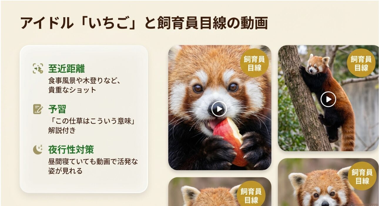 リンゴを食べるレッサーパンダ「いちご」の至近距離動画の紹介と、飼育員目線のメリットを解説するスライド 。