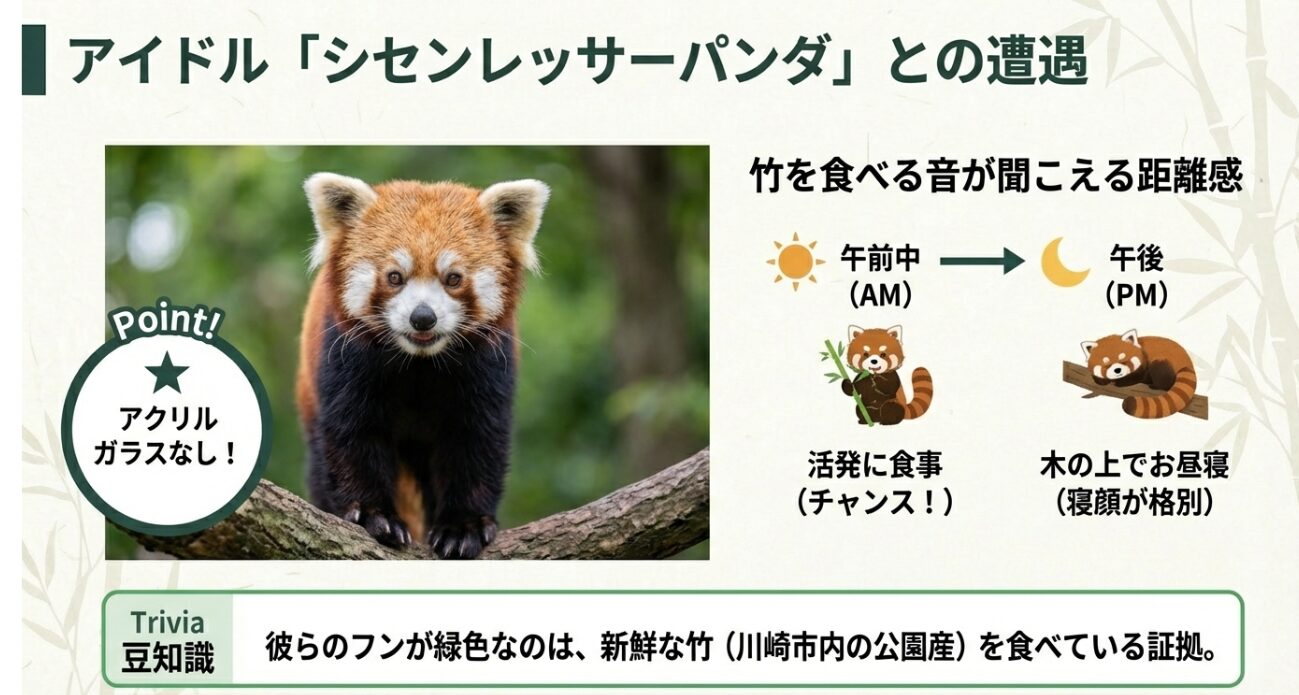 レッサーパンダの観察のコツ（アクリルなしの距離感）や、活動時間帯（午前は活発、午後は昼寝）、フンの豆知識をまとめたスライド