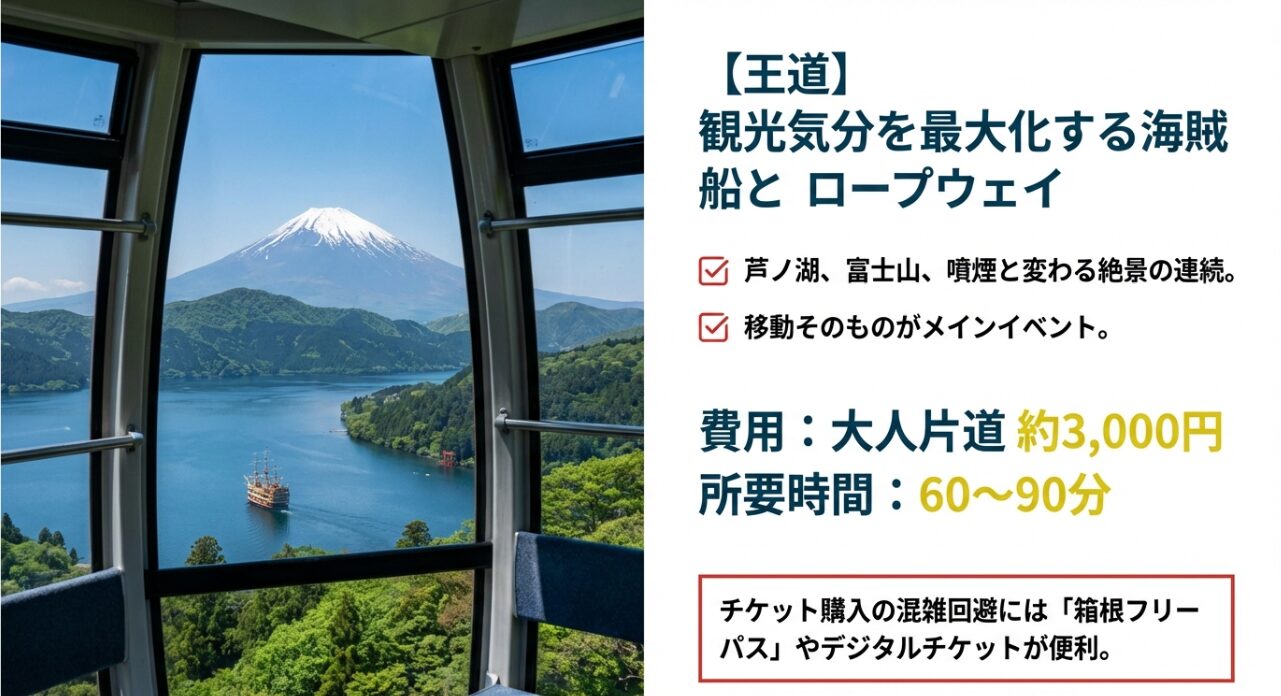 ロープウェイの車窓から見える、芦ノ湖に浮かぶ海賊船と雄大な富士山の絶景