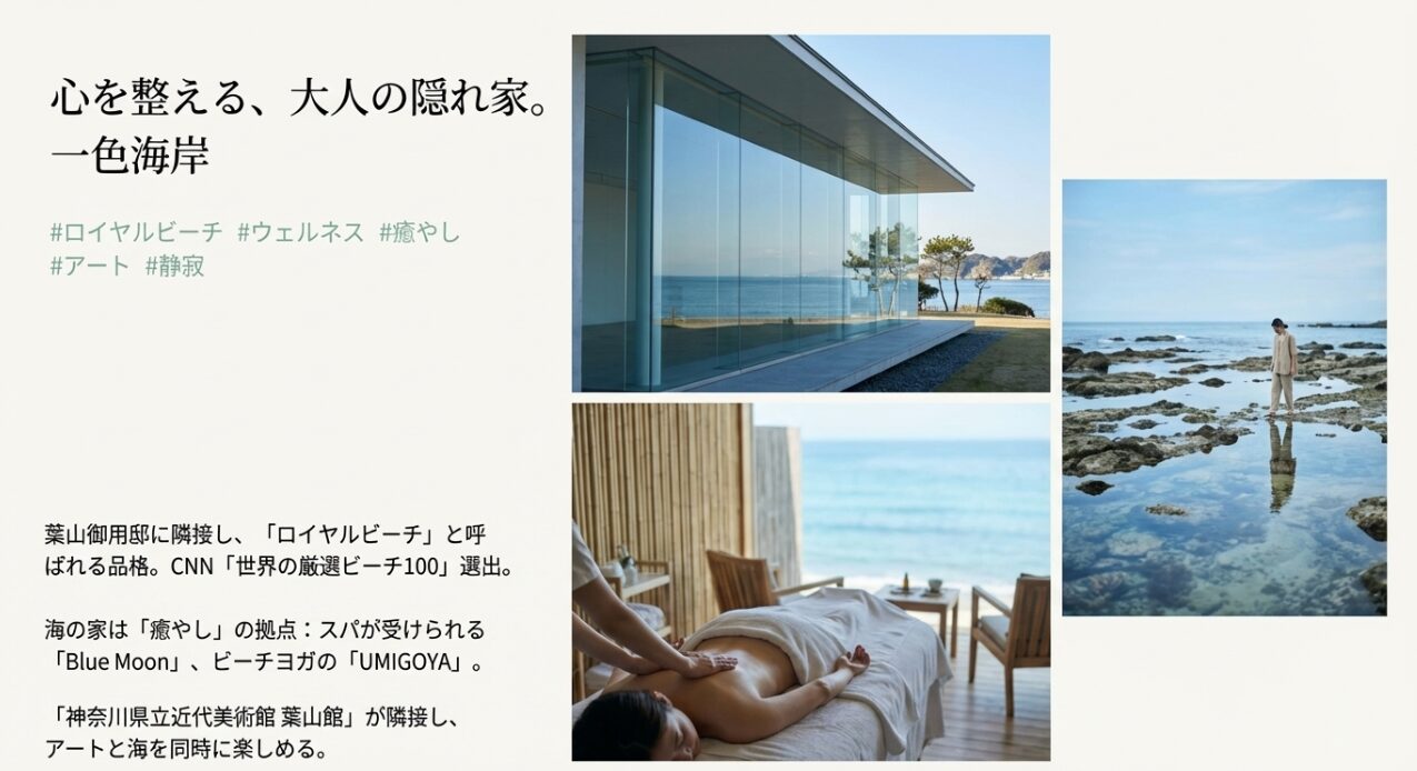 一色海岸の紹介。ロイヤルビーチの品格、CNN世界の厳選ビーチ選出、海の家でのスパやヨガ、美術館隣接などの特徴。