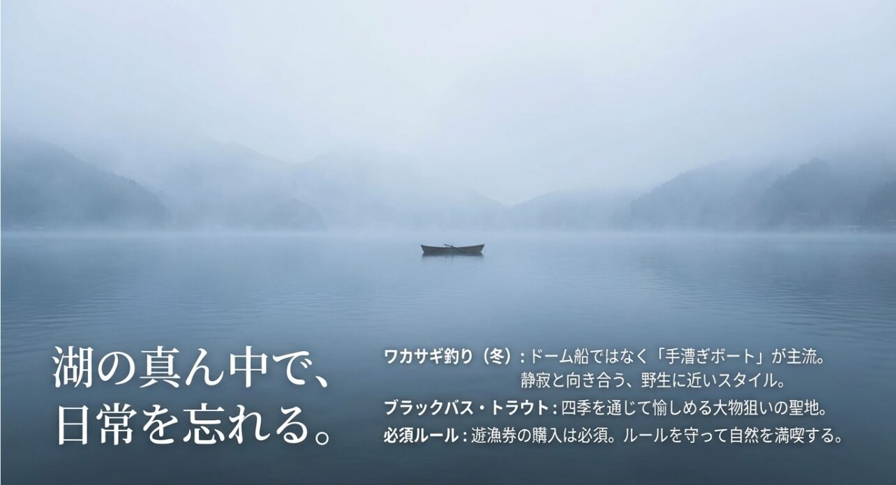 丹沢湖でのボート釣り。冬のワカサギ、四季のバス・トラウト釣りのルールと楽しみ方の紹介。
