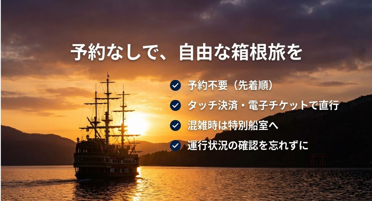 予約不要、タッチ決済、特別船室活用、運行状況確認など、記事の重要ポイントをまとめた振り返り画像。