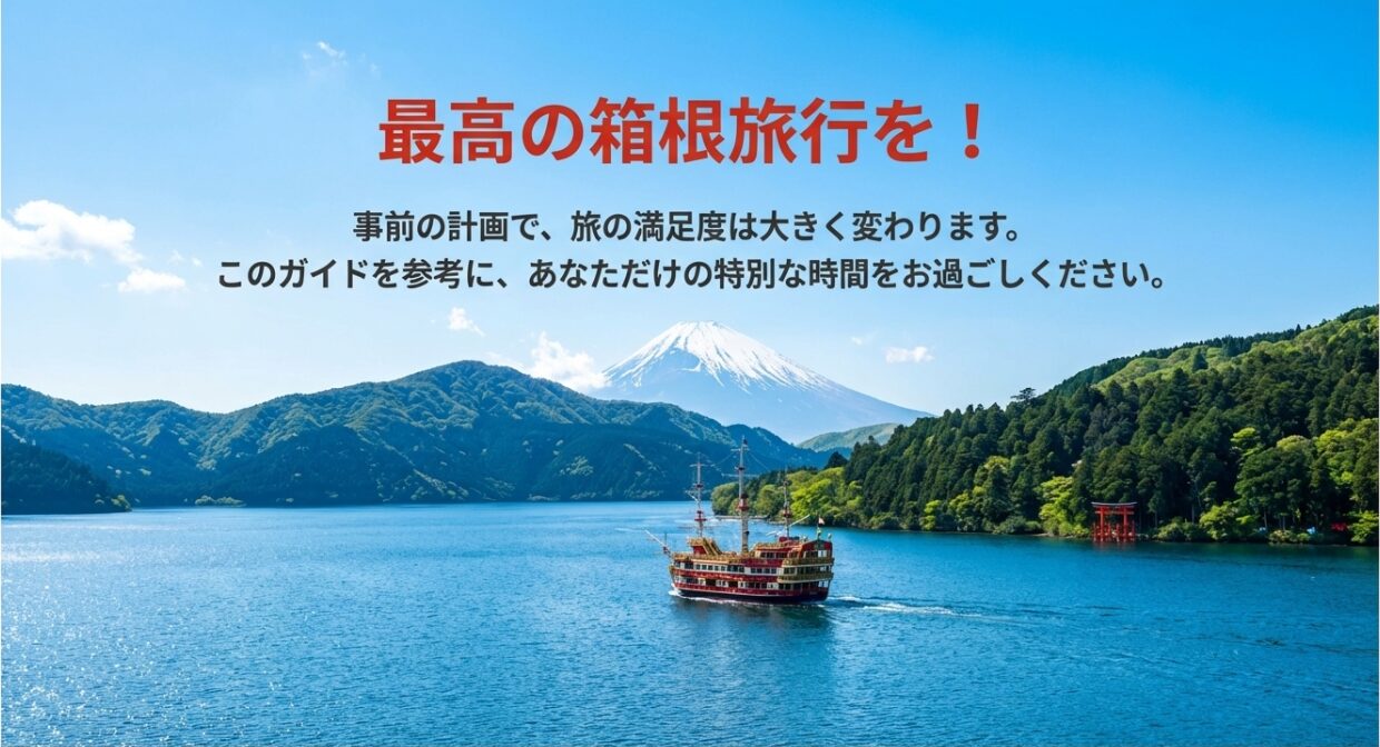事前の計画で旅の満足度が変わることを伝え、最高の箱根旅行を願うメッセージスライド。