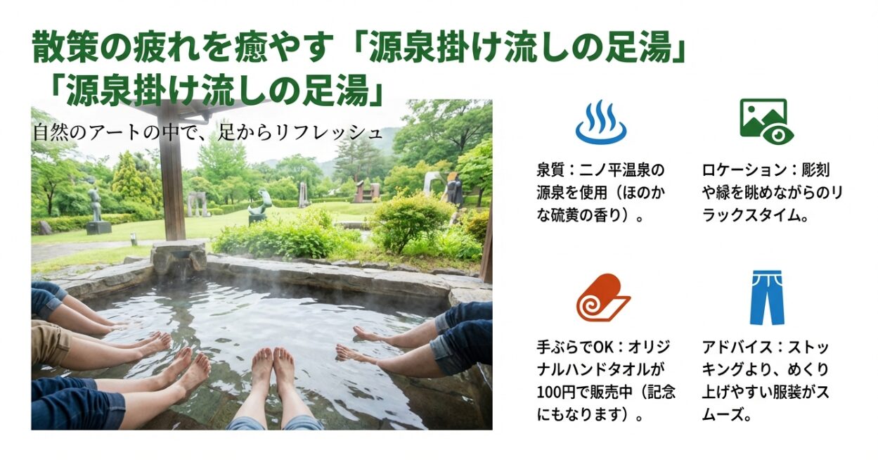二ノ平温泉の源泉を使用した足湯でリラックスする様子。タオルの販売情報と服装のアドバイス。