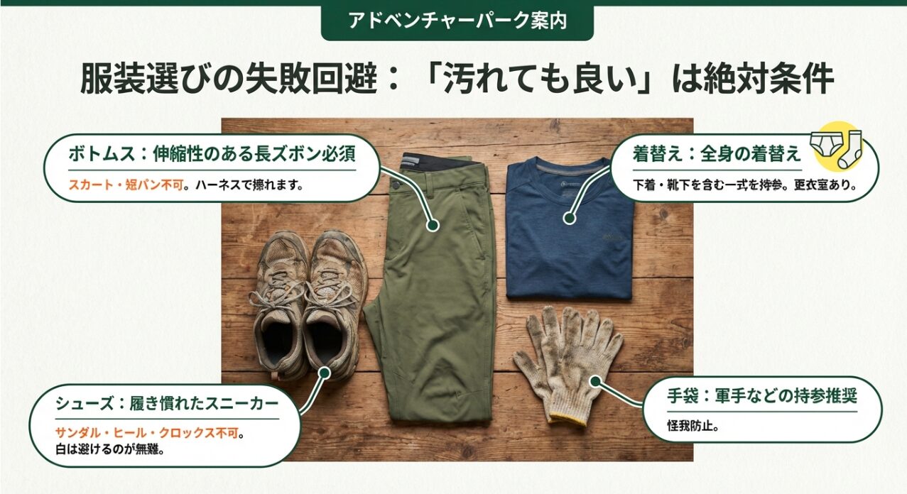 伸縮性のある長ズボン、履き慣れたスニーカー、全身の着替え、軍手の持参など、安全に遊ぶための服装ルール