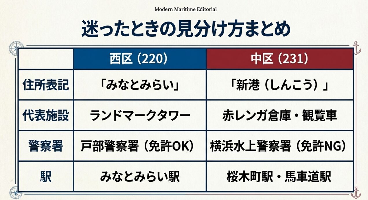 住所表記、代表施設、警察署、駅を西区と中区で比較した総まとめ表