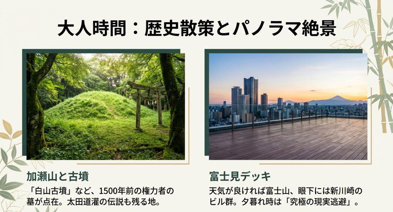 公園内の白山古墳や太田道灌の伝説、富士見デッキからのパノラマビューをイメージした写真と解説のスライド。