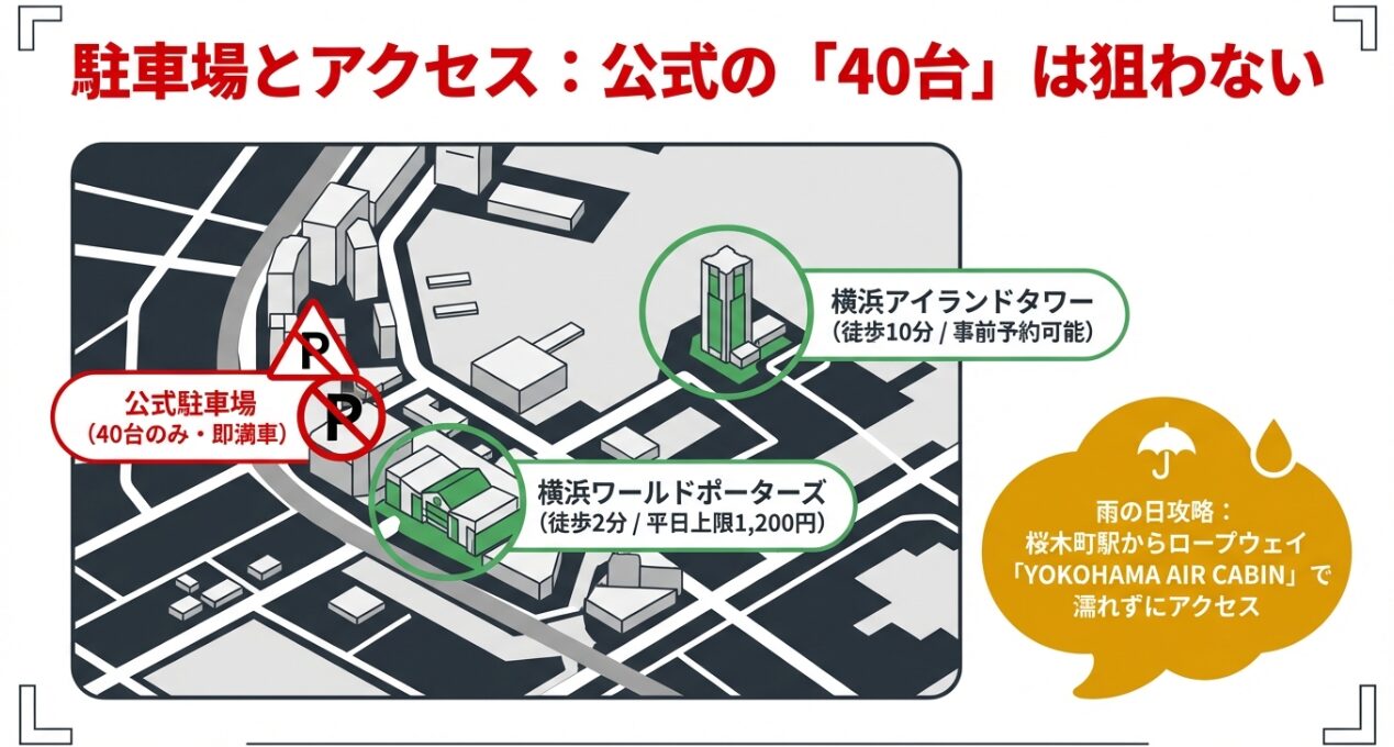 公式駐車場の満車リスクと、横浜ワールドポーターズや横浜アイランドタワーの活用、YOKOHAMA AIR CABINによる雨の日ルートを解説するスライド