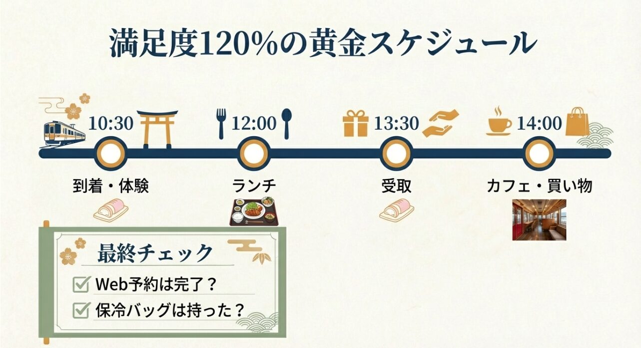 到着・体験からランチ、買い物までを効率的にこなすタイムスケジュールと、訪問前の最終チェックリスト。