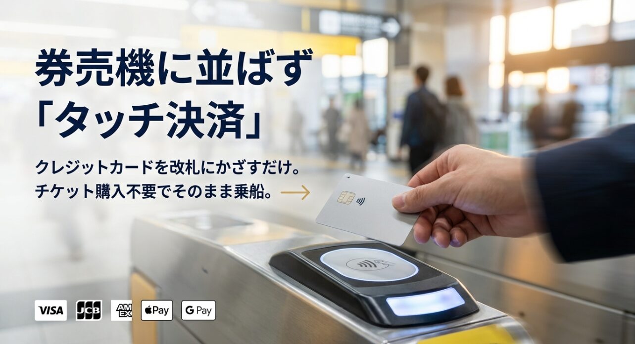 券売機に並ばず、クレジットカードを改札にかざすだけで乗船できる最新決済の解説画像。