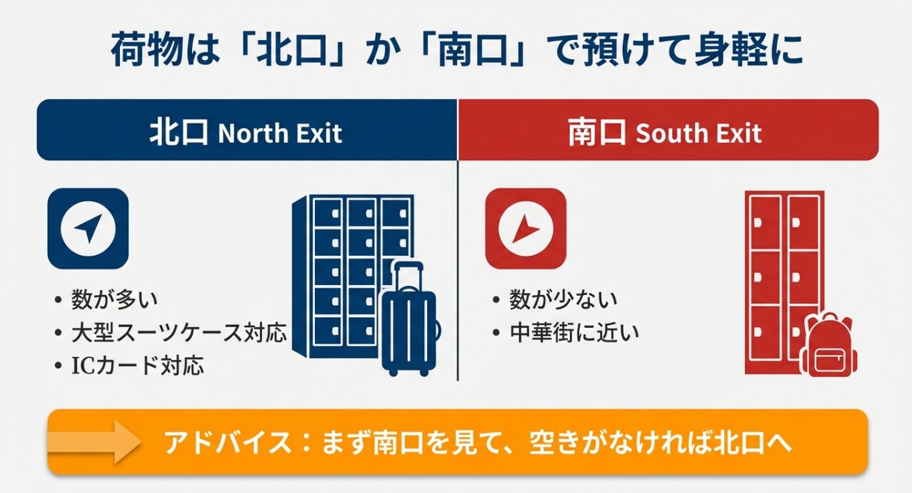 北口（数が多い・大型対応）と南口（中華街に近い）のロッカーの特徴と比較。