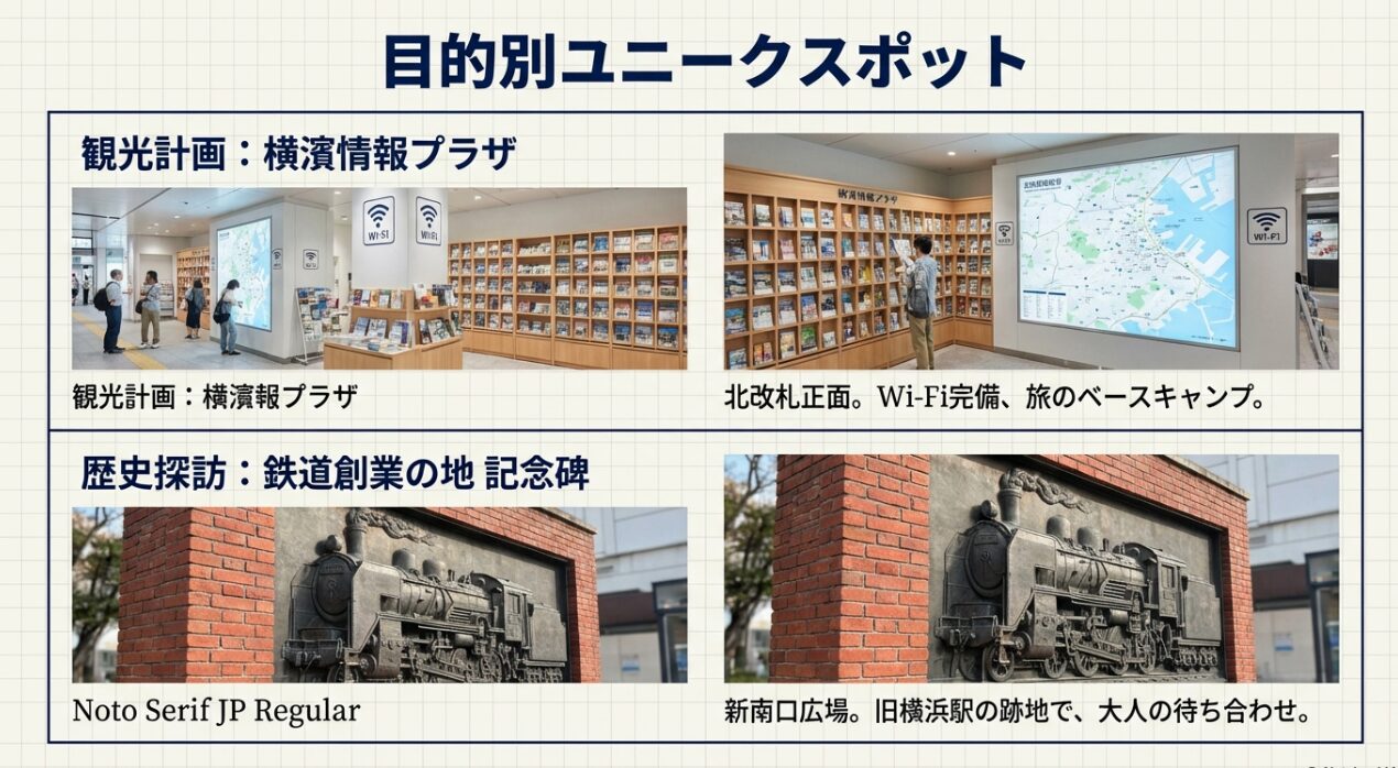 北改札正面の観光案内所「横濱情報プラザ」と新南口広場にある鉄道創業の地記念碑の紹介