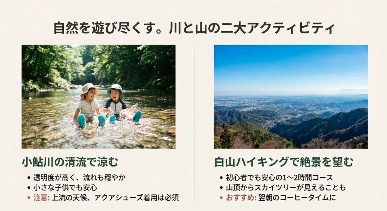 厚木飯山キャンプ場で楽しめる小鮎川での川遊びと山頂からの絶景が見える白山ハイキング