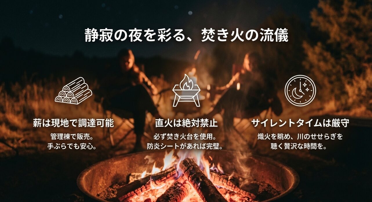 厚木飯山キャンプ場の薪販売、直火禁止、サイレントタイム厳守などの焚き火ルール