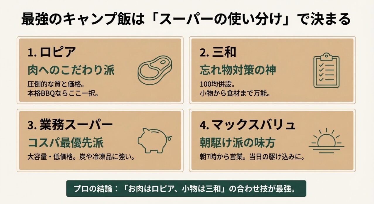 厚木飯山キャンプ場周辺のロピア、三和、業務スーパー、マックスバリュの使い分けガイド