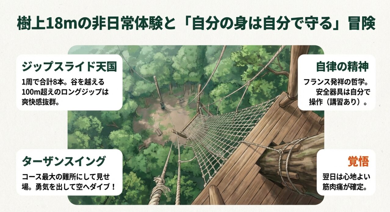 合計8本のジップスライドや最大難所のターザンスイング、自律の精神、翌日の筋肉痛など体験の内容を紹介