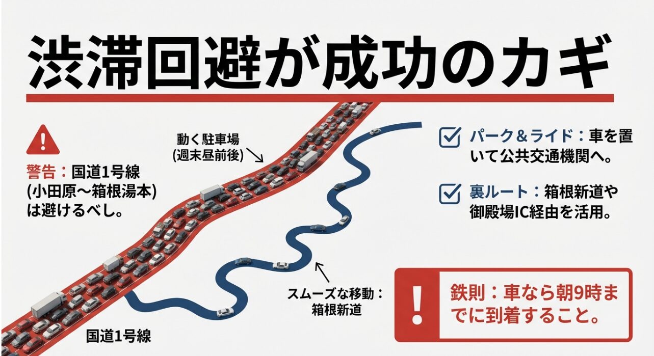 国道1号線の渋滞を避けるための箱根新道や御殿場IC経由の裏ルート、パーク＆ライドの推奨、朝9時までの到着を推奨する交通戦略スライド。