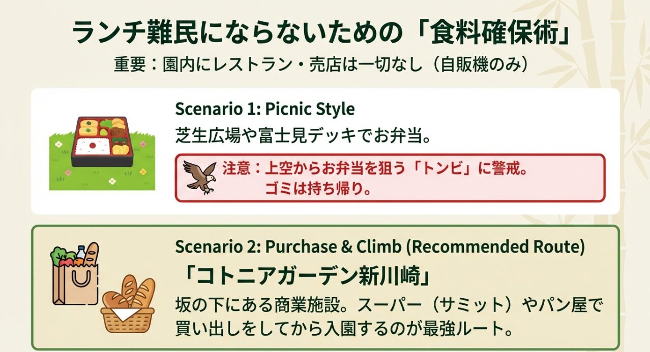 園内には売店がないこと、ピクニックスタイルでの注意点（トンビ警戒）、コトニアガーデン新川崎での買い出しを推奨するスライド。