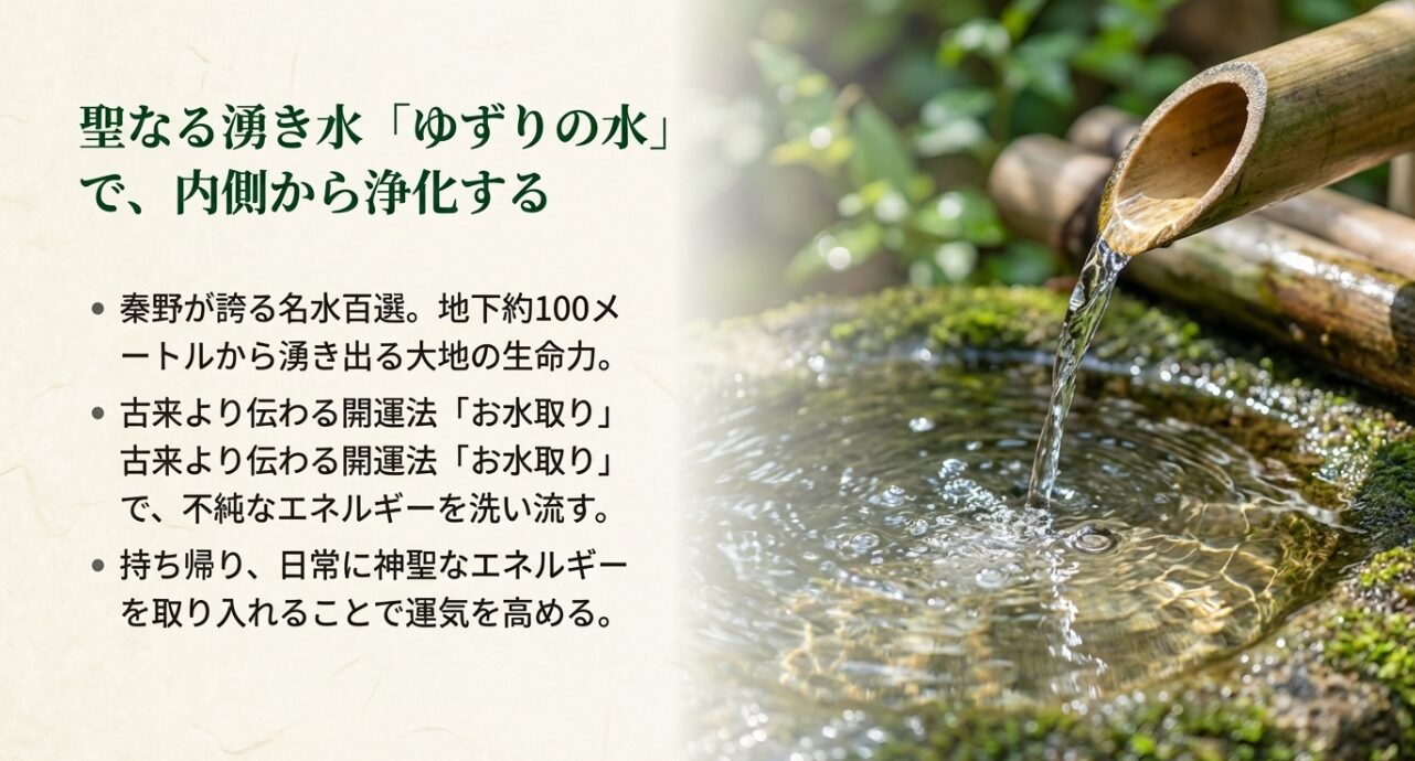 地下100メートルから湧き出る「ゆずりの水」の説明と、不純なエネルギーを洗い流すお水取りの開運法