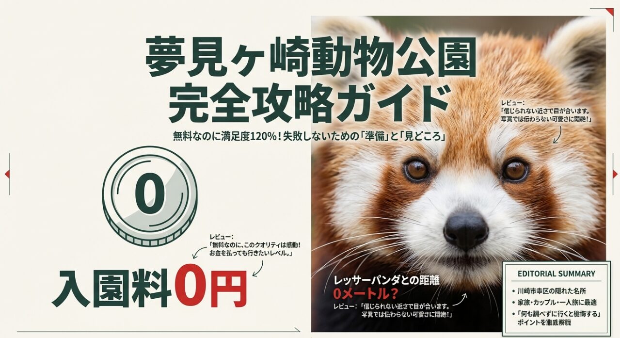 夢見ヶ崎動物公園の完全攻略ガイドの表紙。入園料0円で満足度120%というキャッチコピーとレッサーパンダのイメージ。