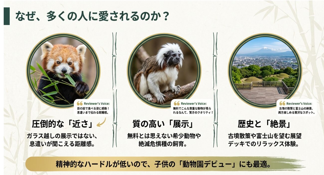 夢見ヶ崎動物公園の魅力である「圧倒的な近さ」「質の高い展示」「歴史と絶景」を解説したスライド