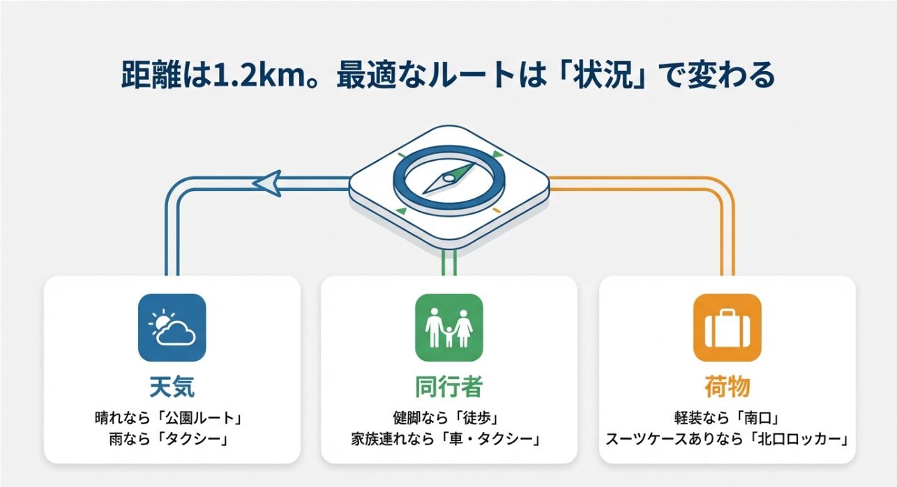 天気、同行者、荷物の量に合わせて、徒歩・タクシー・車のどれを選ぶべきかを示す判断チャート