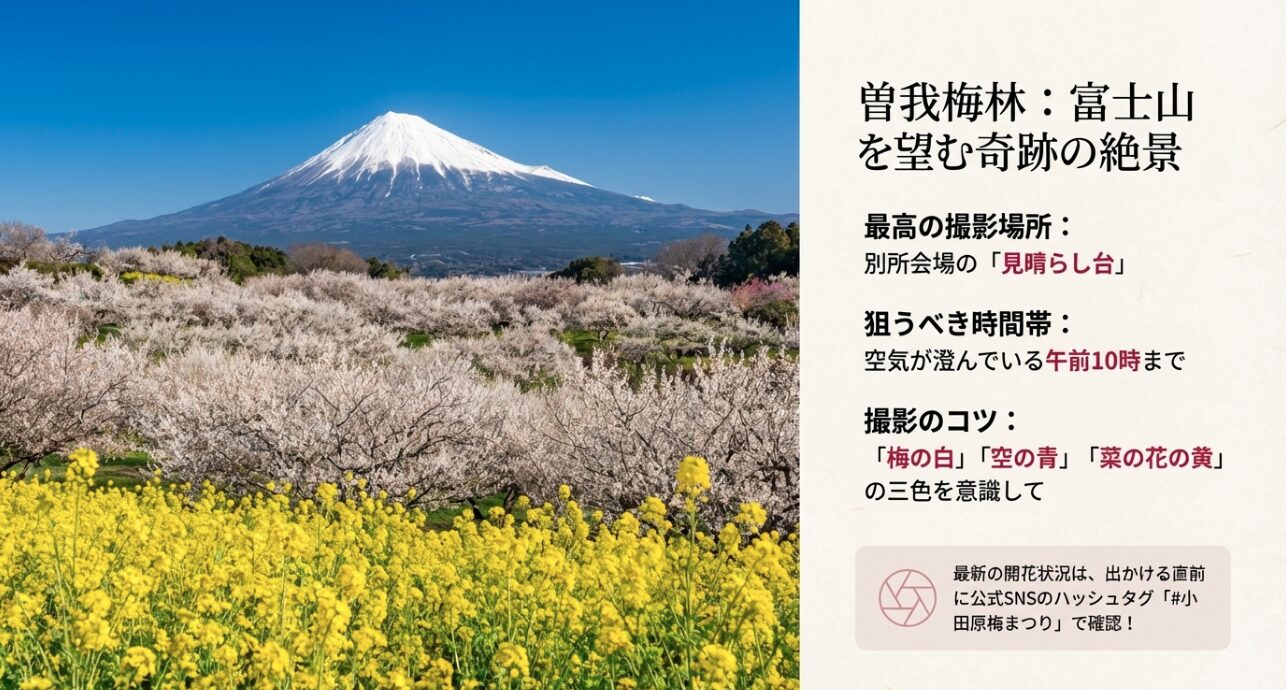 富士山、白梅、菜の花が映る絶景写真と、午前10時までの撮影を勧める攻略ポイント。