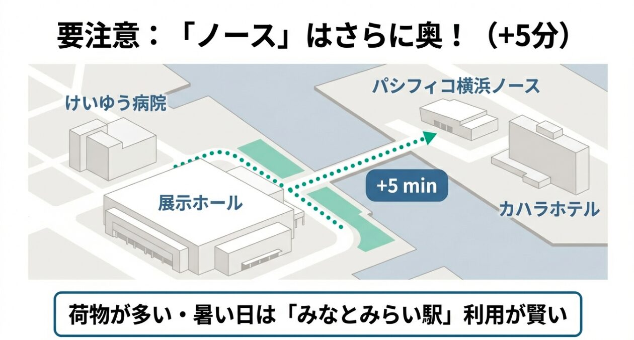 展示ホールからさらに奥にある「ノース」までの経路図。追加で5分かかることや、隣接するホテル、病院などの目印を記載