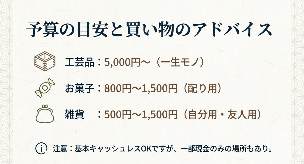 工芸品、お菓子、雑貨のカテゴリー別予算目安と、キャッシュレス決済、一部現金のみの場所があることへの注意喚起