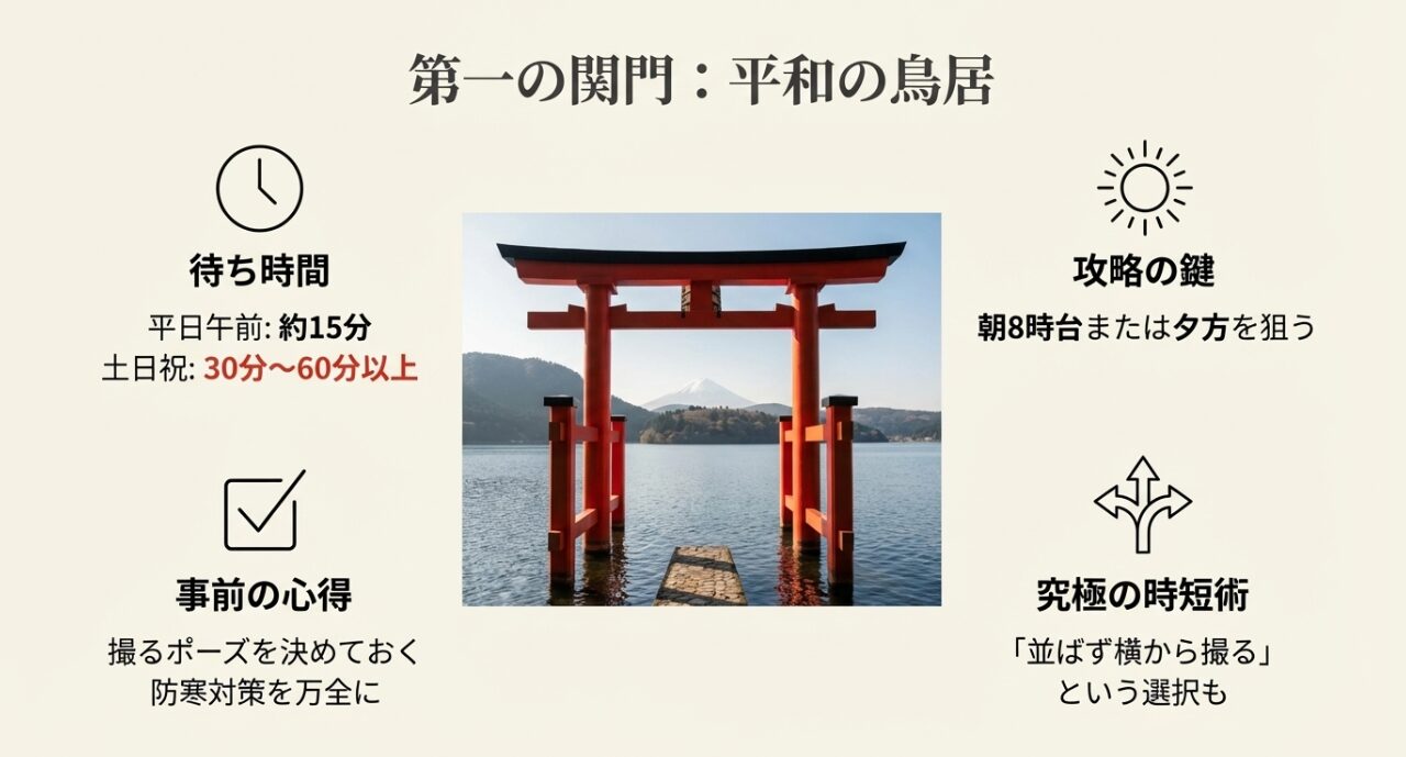平和の鳥居の待ち時間が土日祝で60分以上になることや、朝8時台を狙う攻略ポイントをまとめたスライド。