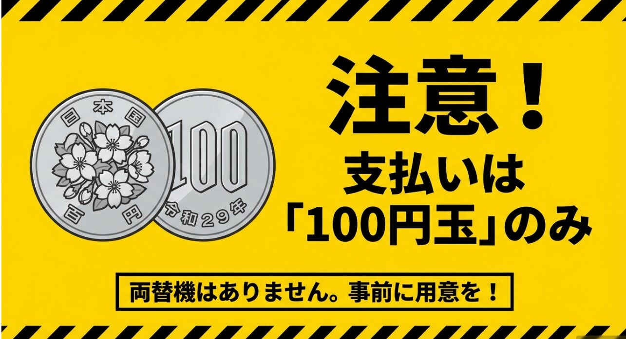 強羅駅のロッカーは100円硬貨のみ対応。両替機がないため事前準備が必要な旨の警告図解