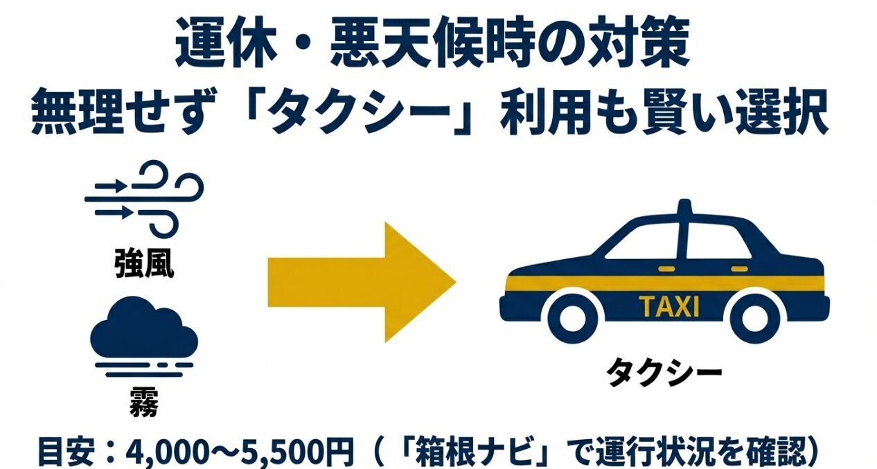 強風や霧での運休時にタクシーを利用した場合の料金目安（4,000〜5,500円）を示すスライド