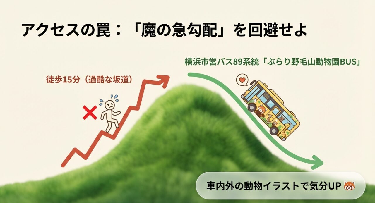 徒歩15分の過酷な坂道と、横浜市営バス89系統「ぶらり野毛山動物園BUS」の利用を比較したスライド 。