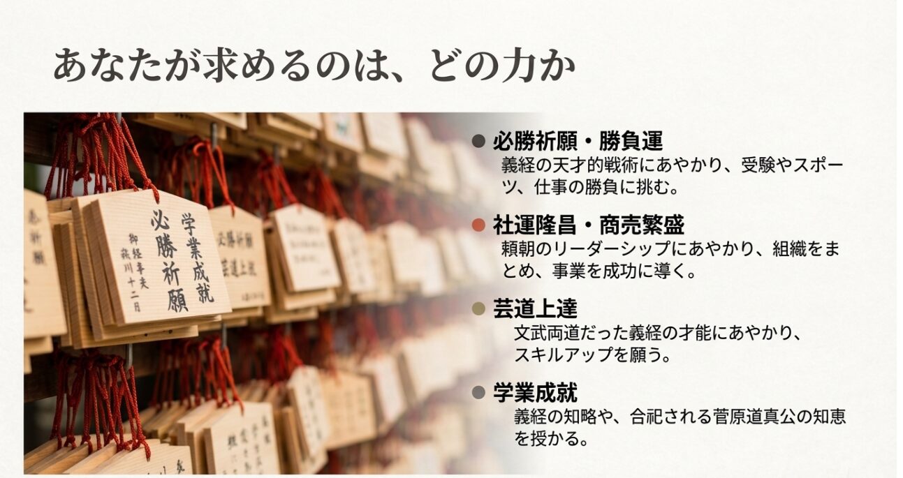 必勝祈願、社運隆昌、芸道上達、学業成就など、参拝者が求める目的に応じた具体的なご利益を案内するスライド画像 。