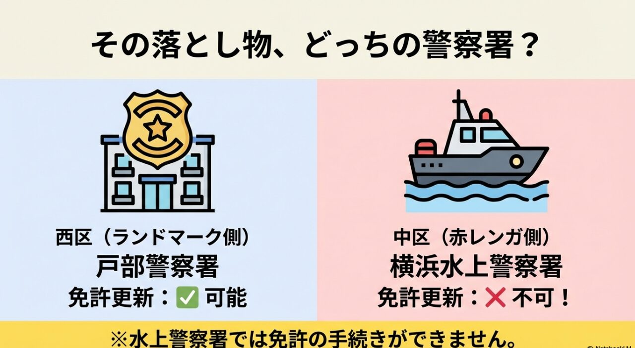 戸部警察署（西区・免許更新可）と横浜水上警察署（中区・免許更新不可）の比較表