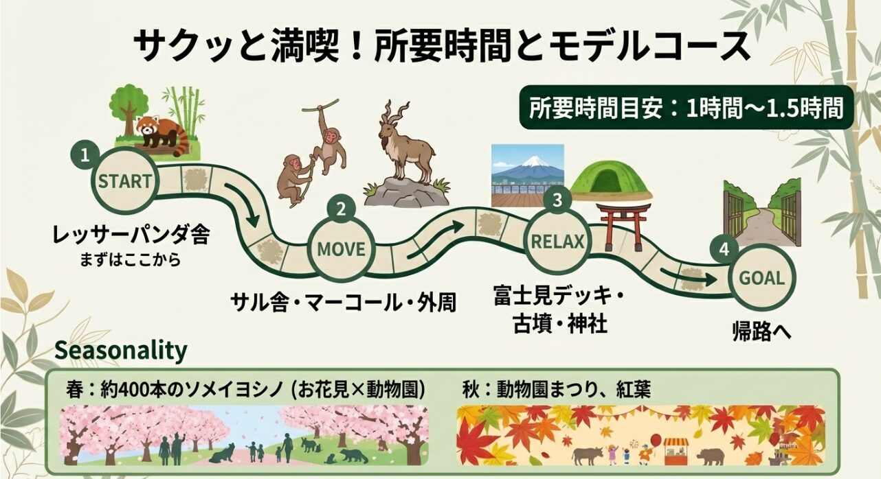 所要時間目安1〜1.5時間で、レッサーパンダ舎からスタートし富士見デッキを回るモデルコースを示した地図スライド。