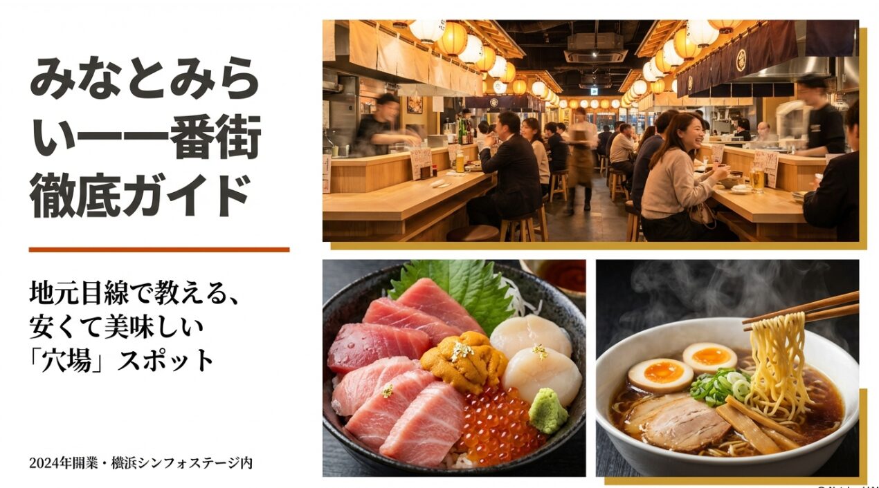 提灯が並ぶ活気ある横丁の様子と海鮮丼の写真。