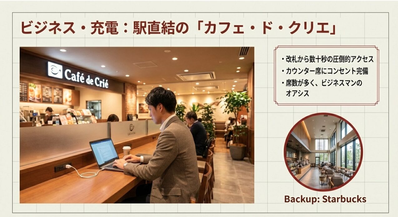 改札から徒歩数十秒でアクセスでき、カウンター席にコンセントを完備したカフェ・ド・クリエの店内イメージ